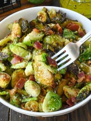 A bowl of parmesan roasted brussels sprouts.