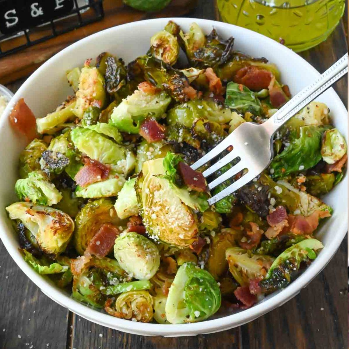 A bowl of parmesan roasted brussels sprouts.