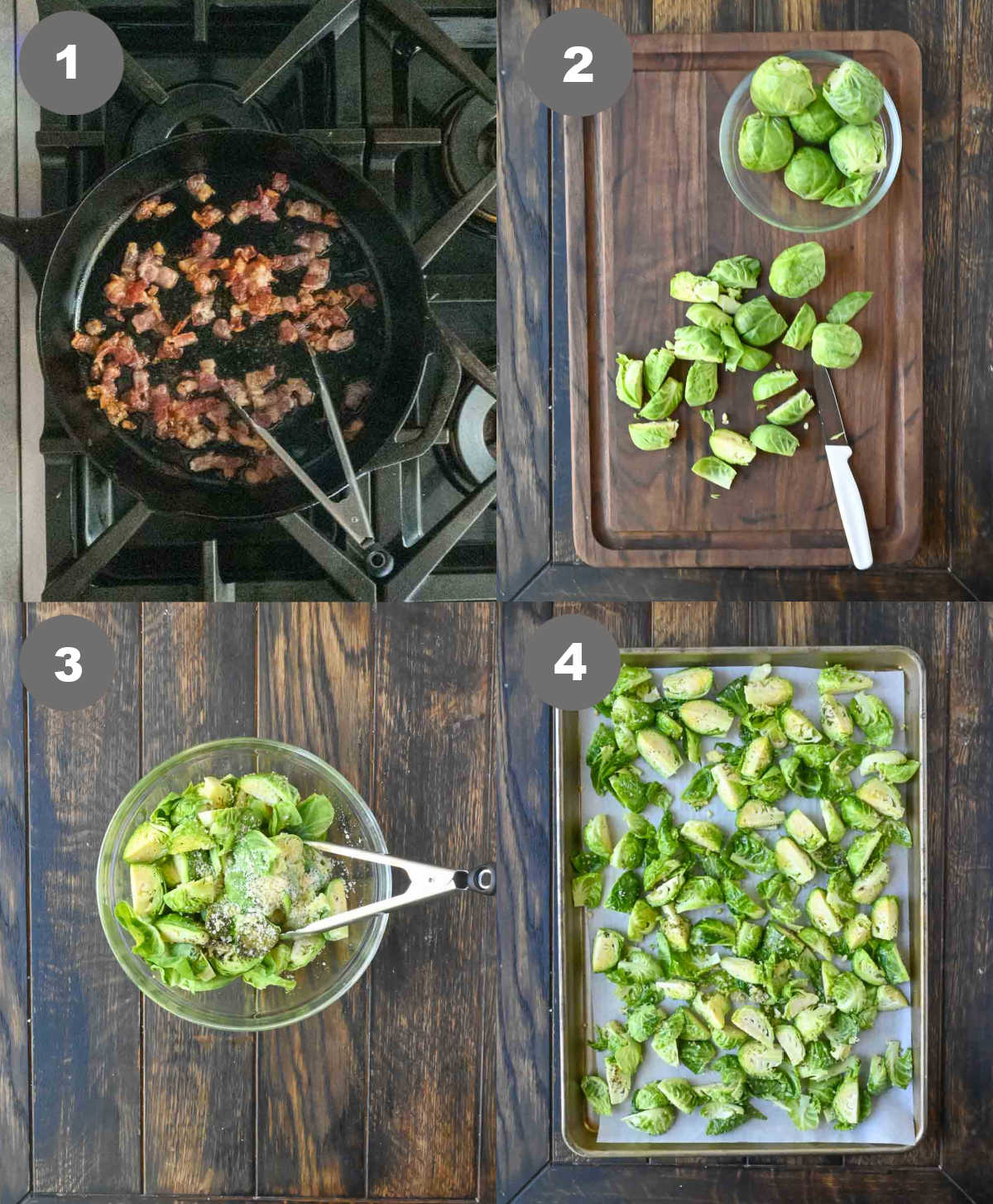 Baon cooked in a akillet, brussels sliced on a cutting board , tossed in a bowl then placed on a baking sheet.