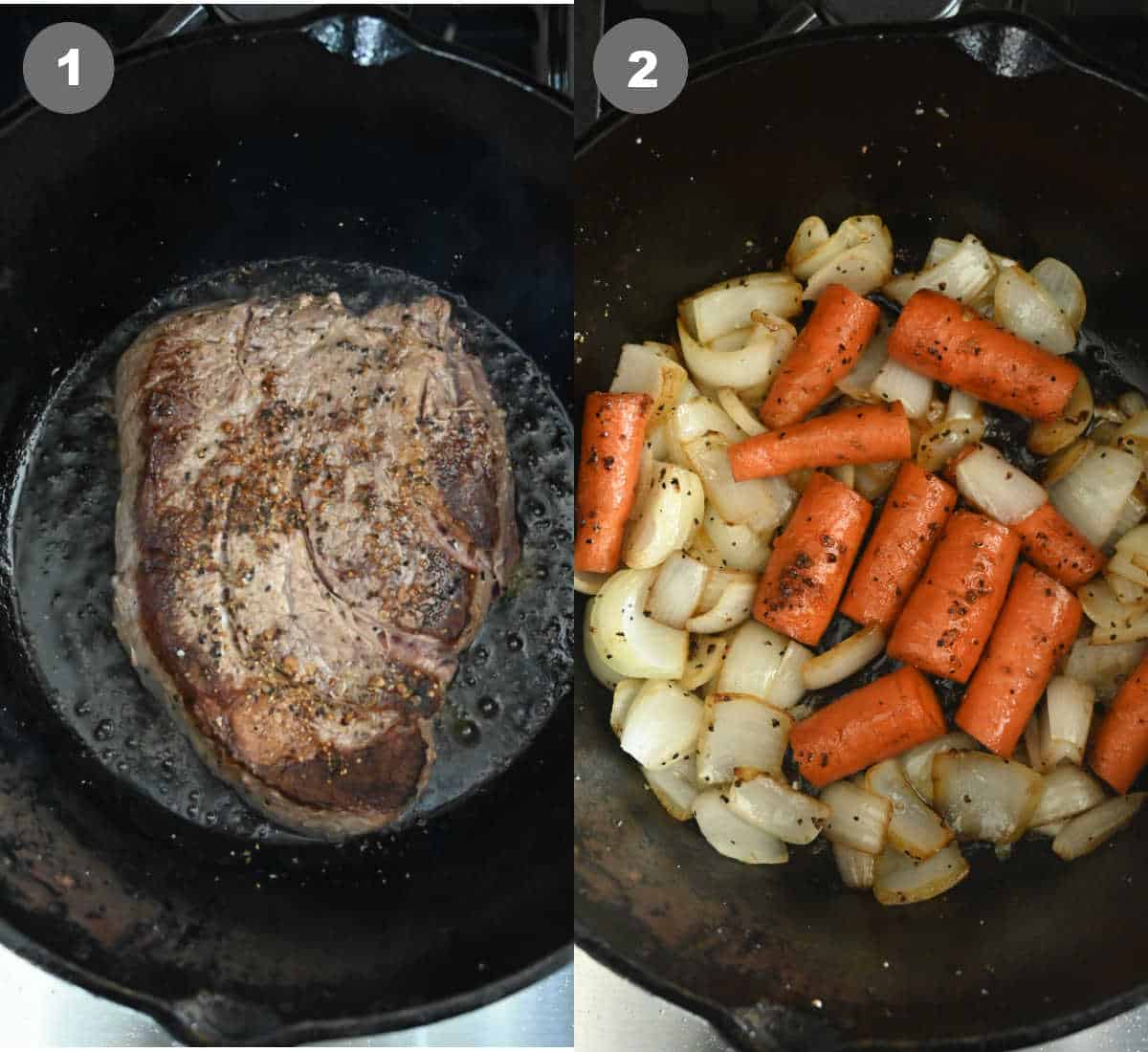pot roast seared in a cast iron skillet, then the carrots and onions added in to brown.