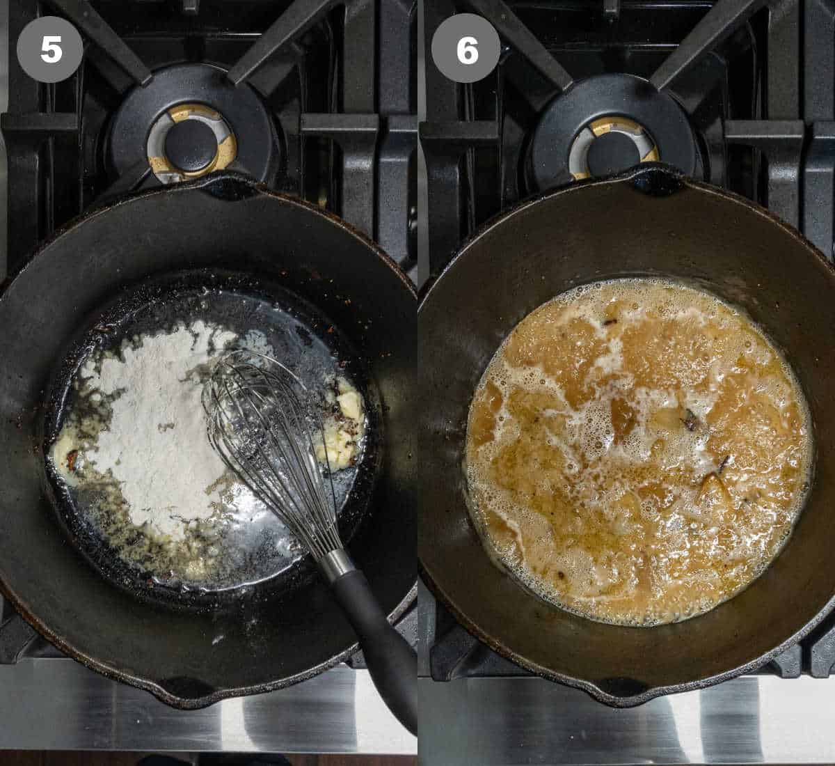 Flour and butter melted in a skillet then the strained liquid added into the skillet.