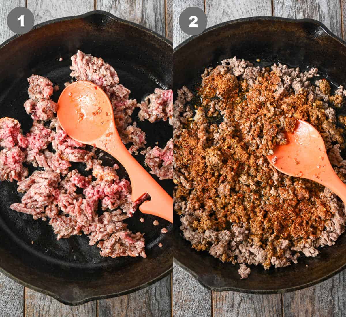 Ground beef being cooked in a skillet.