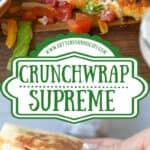 Crunchwrap stacked on top of each other and one being held pinterest pin.