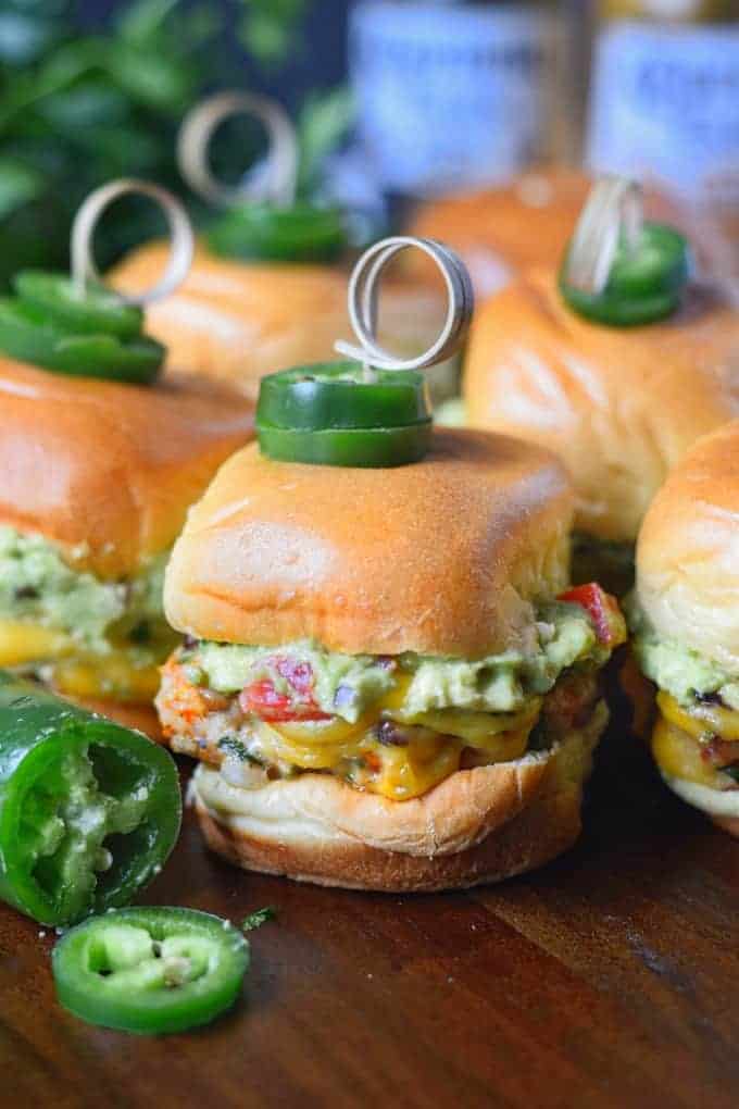 A close up of food on a table, with Chicken and Slider