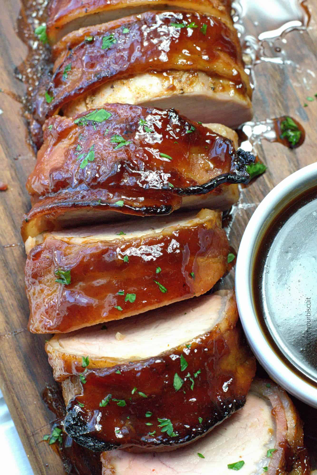 Bacon Wrapped Pork Tenderloin with Bourbon Sauce - Butter ...