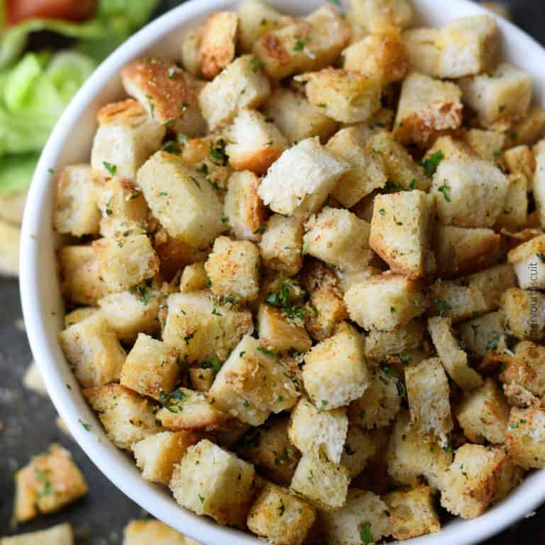 A bowl of homemade croutons.