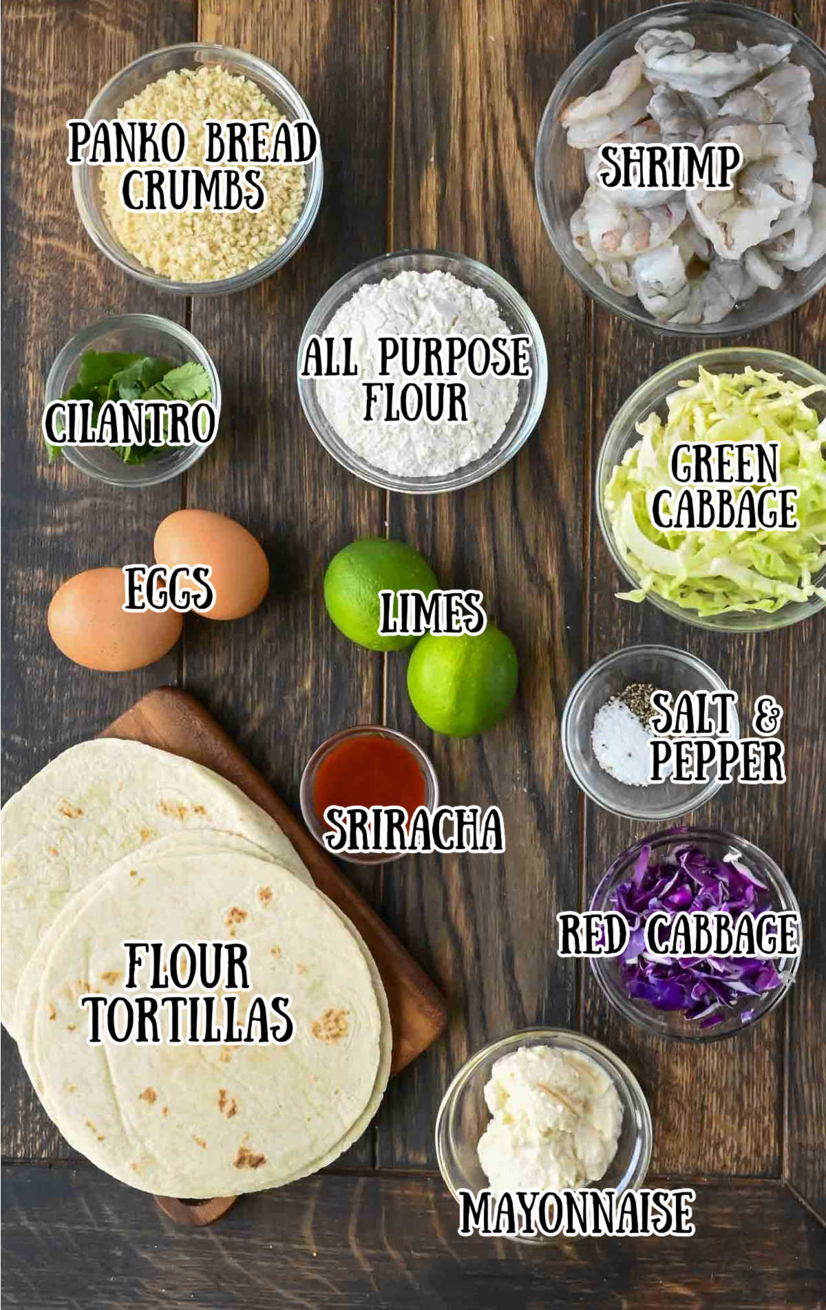 All the ingredients needed for these shrimp tacos.