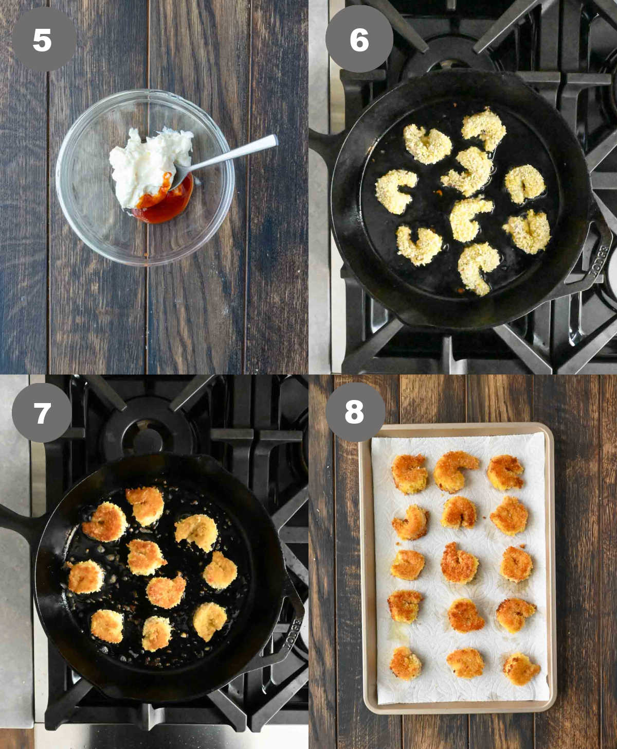 Sriracha sauce being mixed in a bowl then shrimp fried in a skillet.