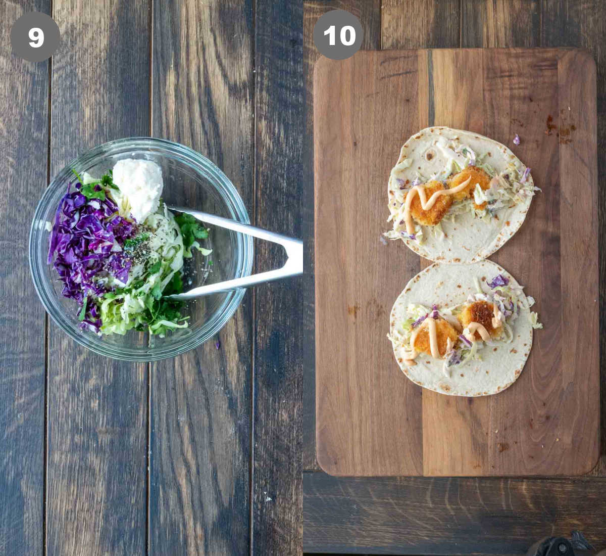 Coleslaw being made in a bowl and tacos put together.