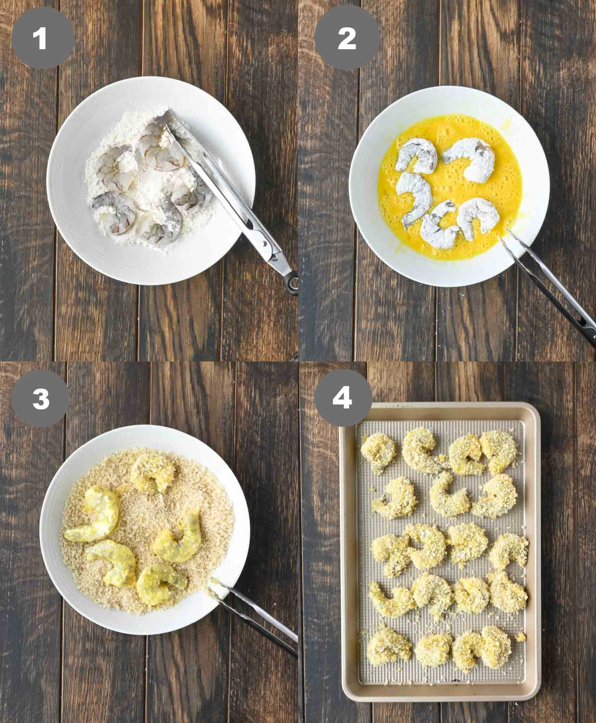 Shrimp dipped in flour then egg wash the panko crumbs.