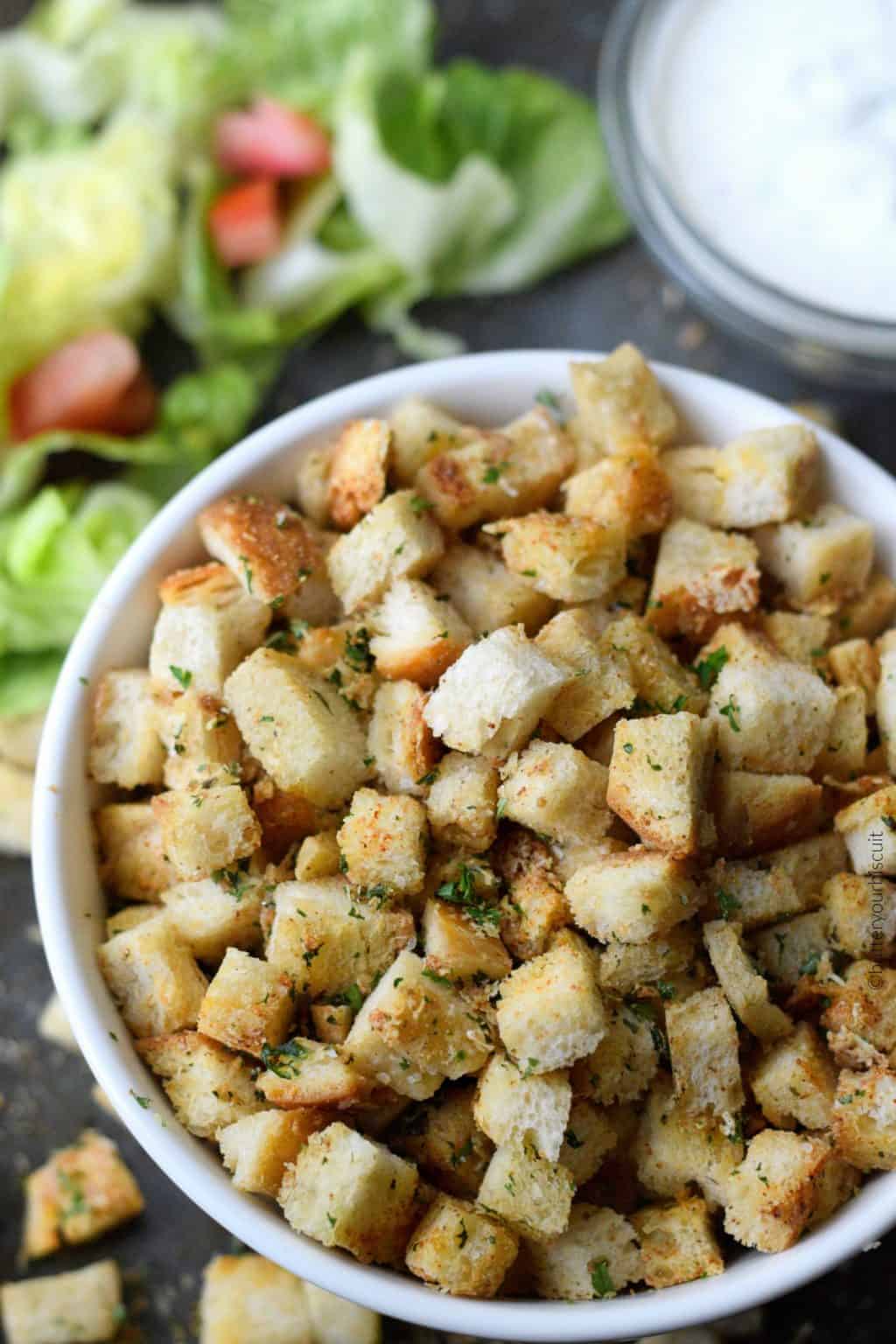 A bowl of crispy croutons.