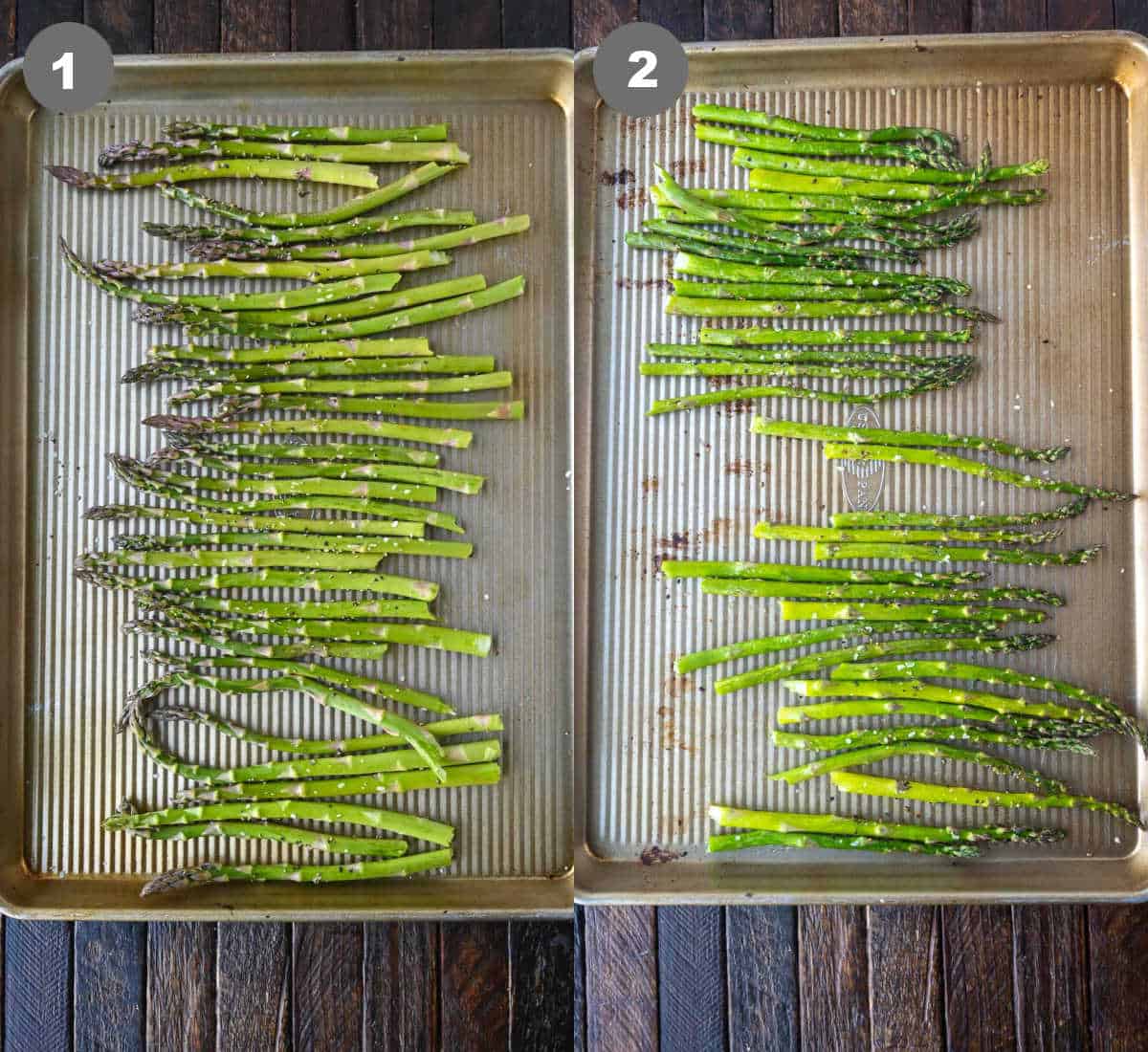 Raw asparagus placed on a baking sheet and roasted.