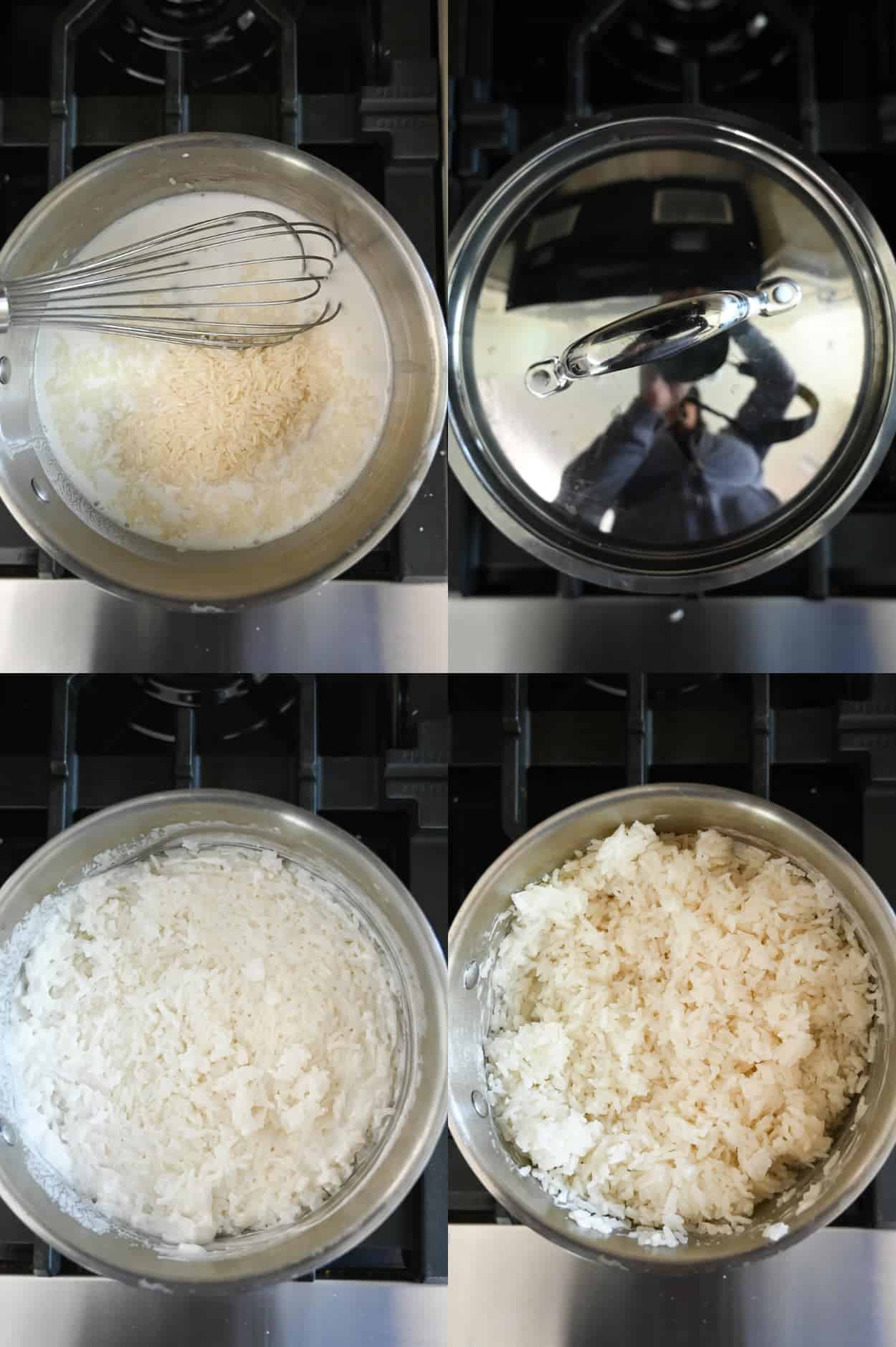 Four process photos. First one, liquid ingredients and jasmine rice in a saucepan. Second one a lid placed on top of the pot. Third one, rice is done cooking. Fourth one, rice has been fluffed with a fork.