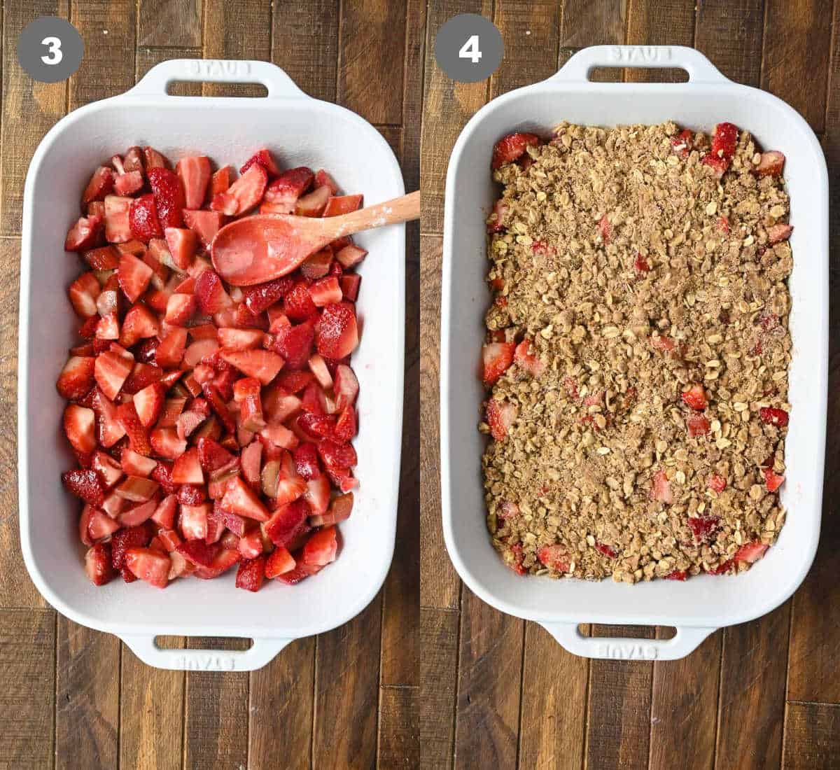 Strawberry and rhubarb placed in a baking dish and the crisp topping placed on top.
