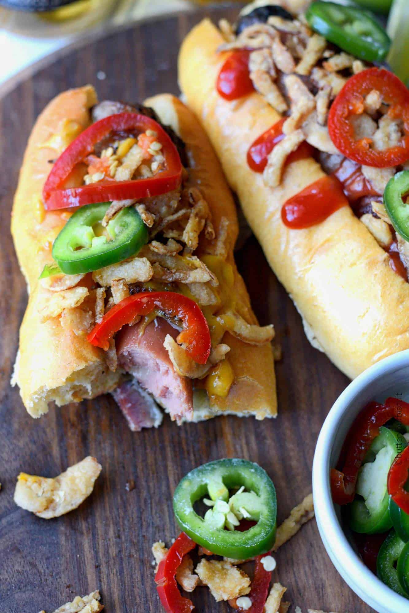 Bacon wrapped cheese stuffed hot dogs