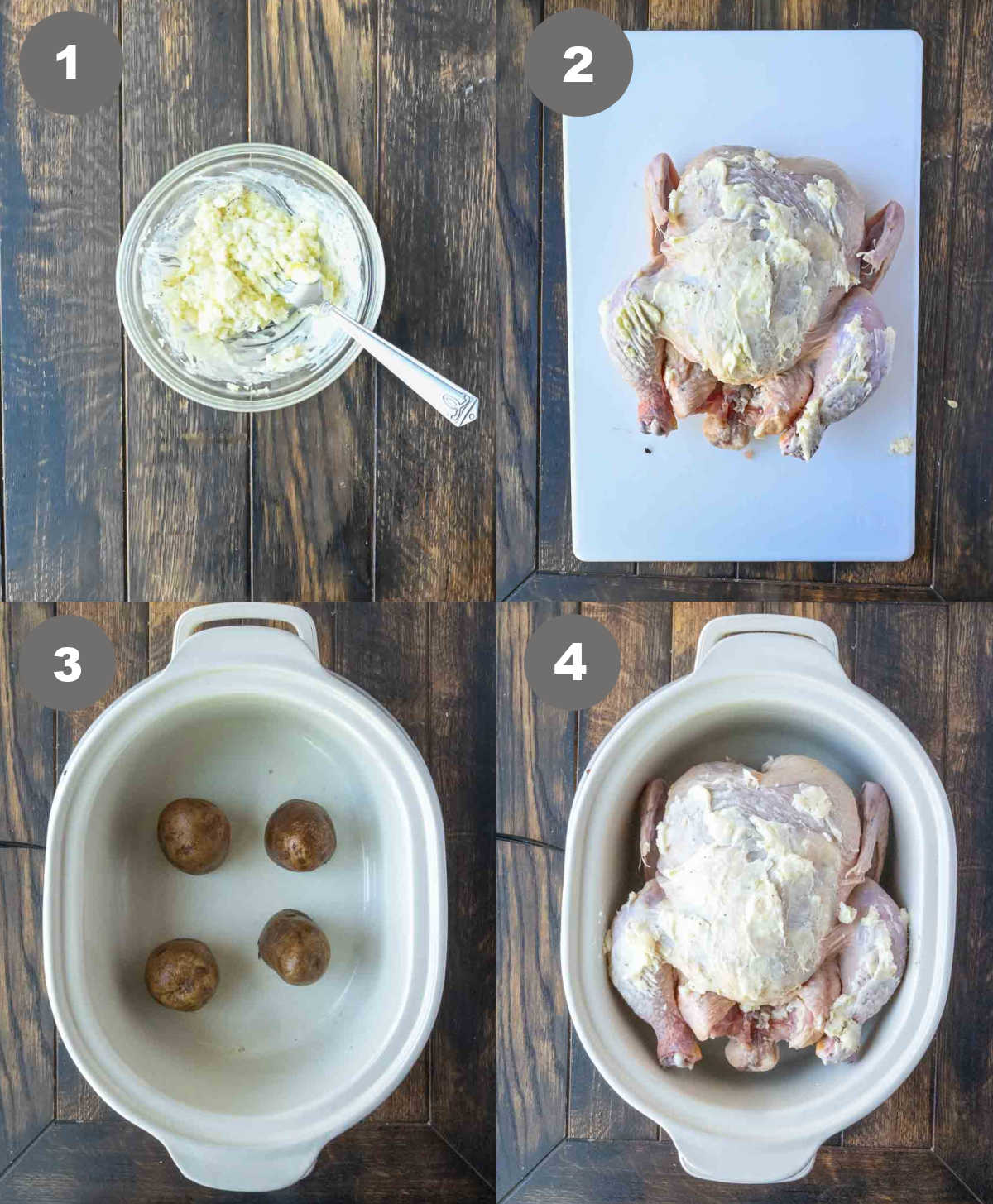 garlic butter mixed in a bowl and spread on a whole chicken then placed into the slow cooker.