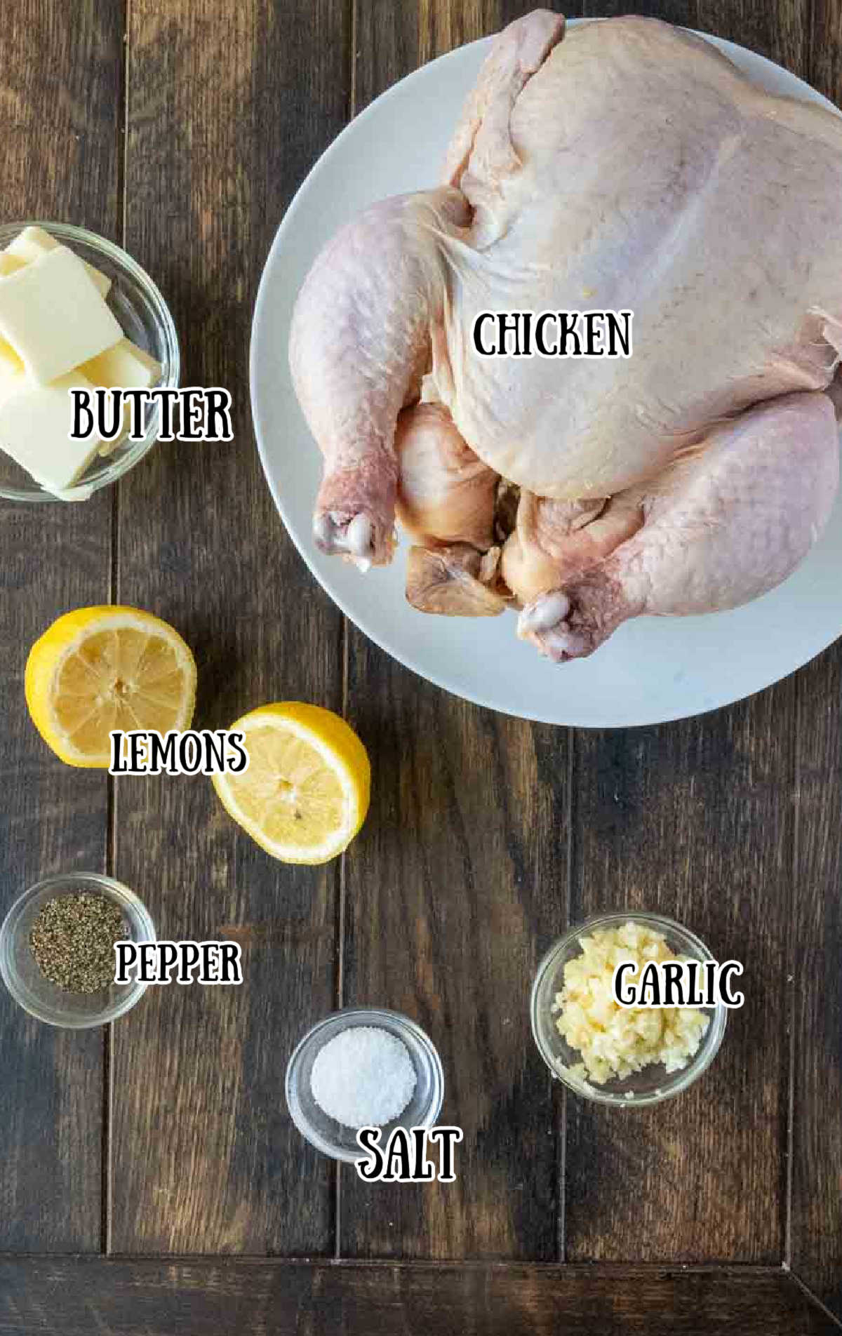 All the ingredients needed for this slow cooker garlic butter chicken.