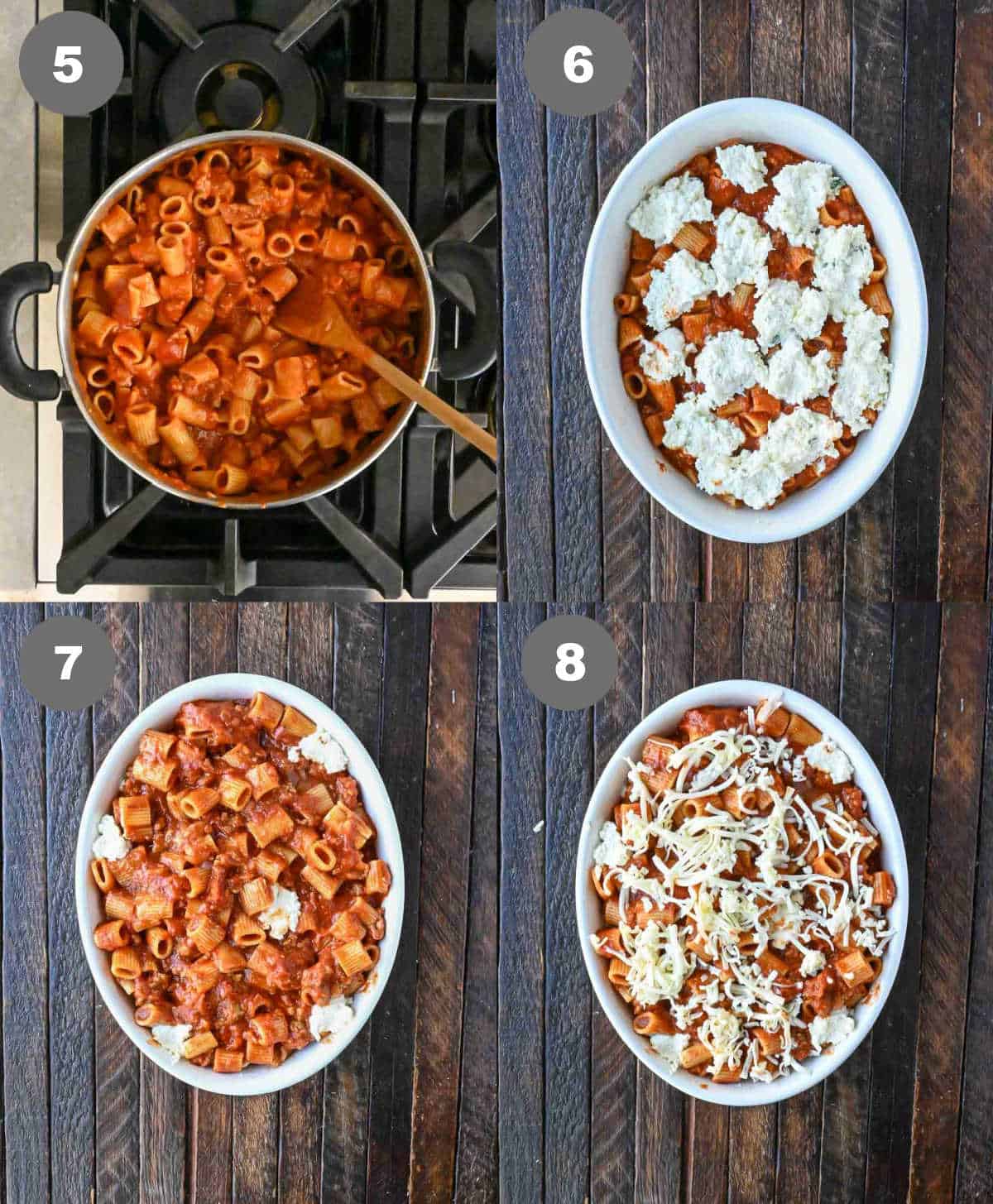 Ziti pasta mixed together in a pot then placed into a baking dish.