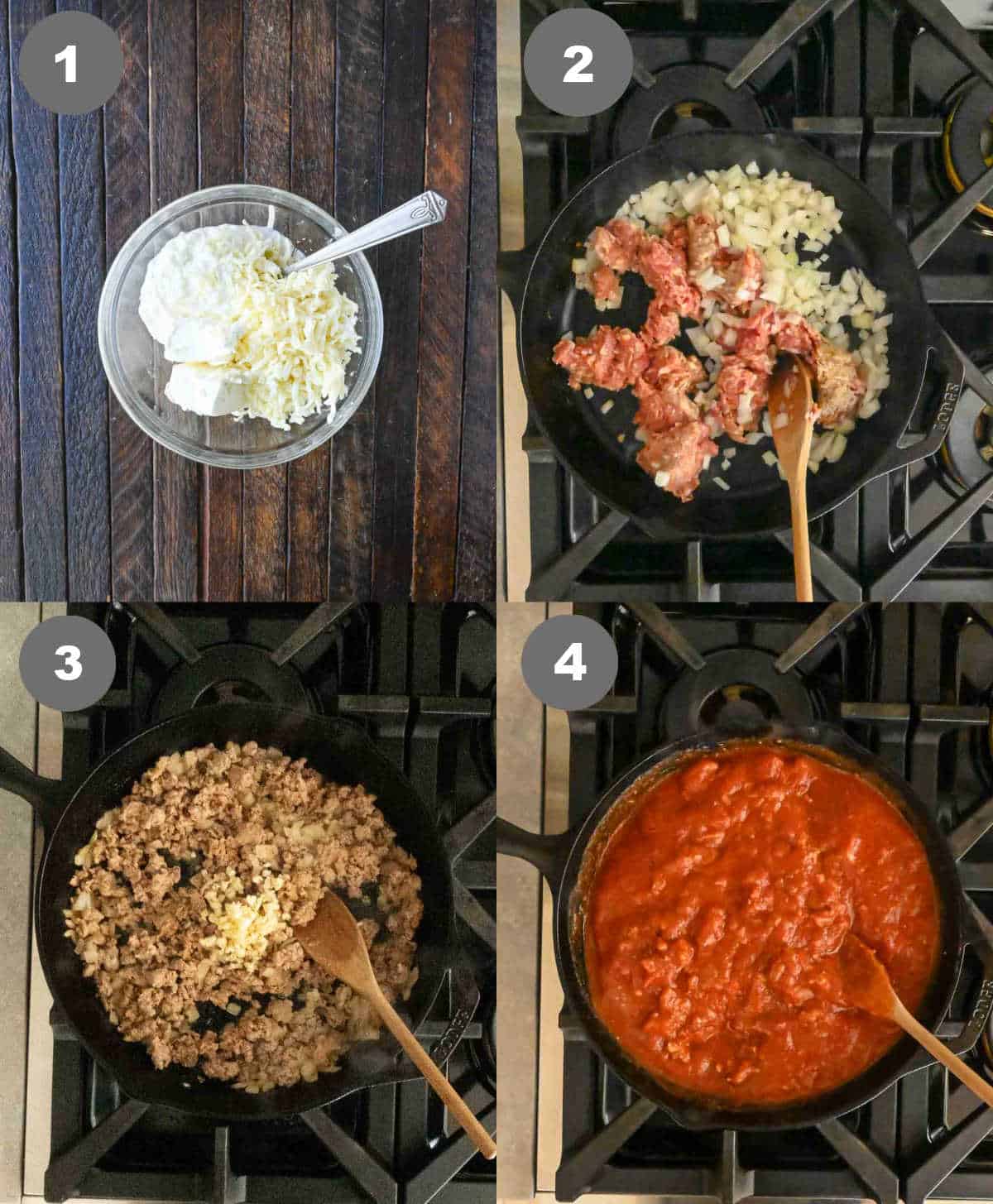 Cheese mixture mixed in a bowl then sausage cooked in a skillet.