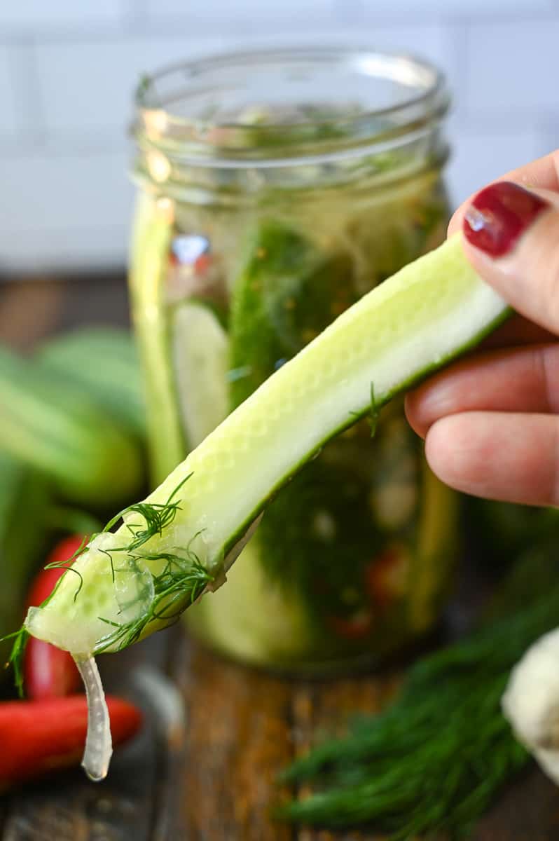 A refrigerator pickle being held.