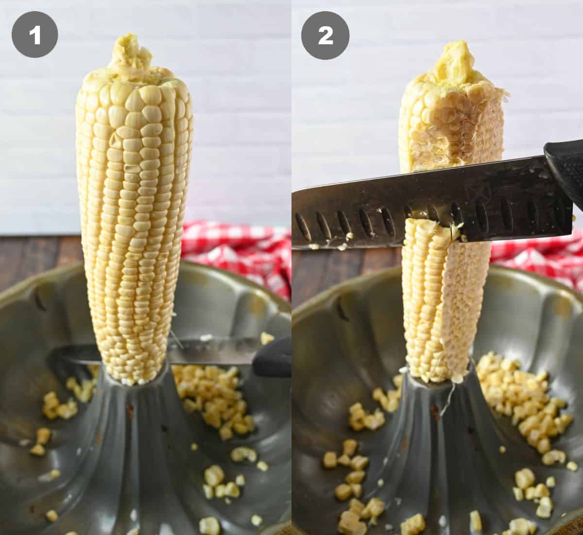 Corn cob placed in a bundt pan and a knife cutting the kernals off.