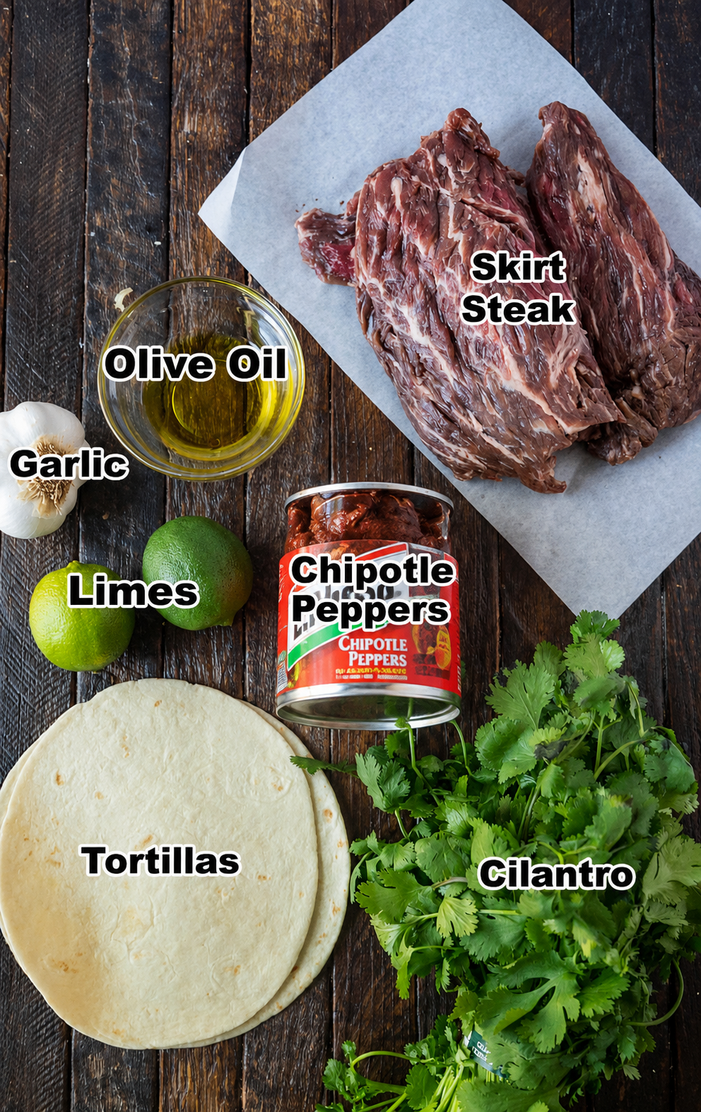 All of the ingredients needed for these grilled steak tacos.