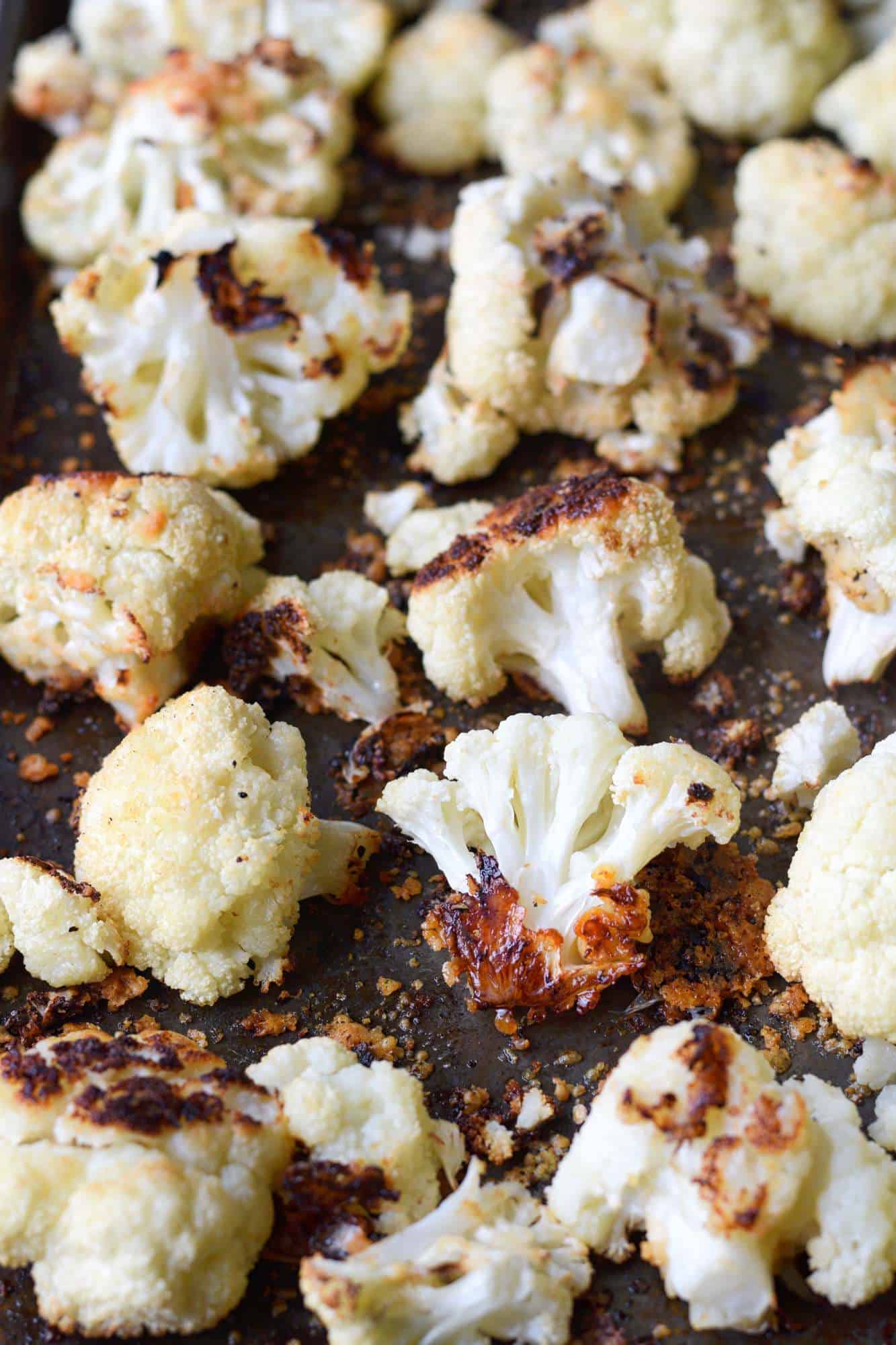 A baking sheet full of roasted cauliflower.