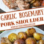 A sliced pork roast on a platter and a slice on a plate with potatoes and carrots Pinterest pin.