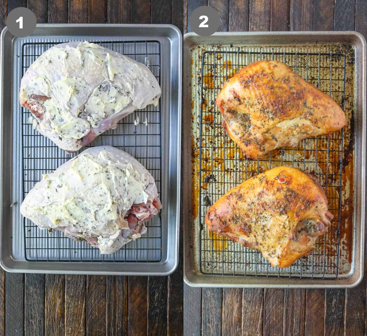 Turkey breasts being roasted on a pan.