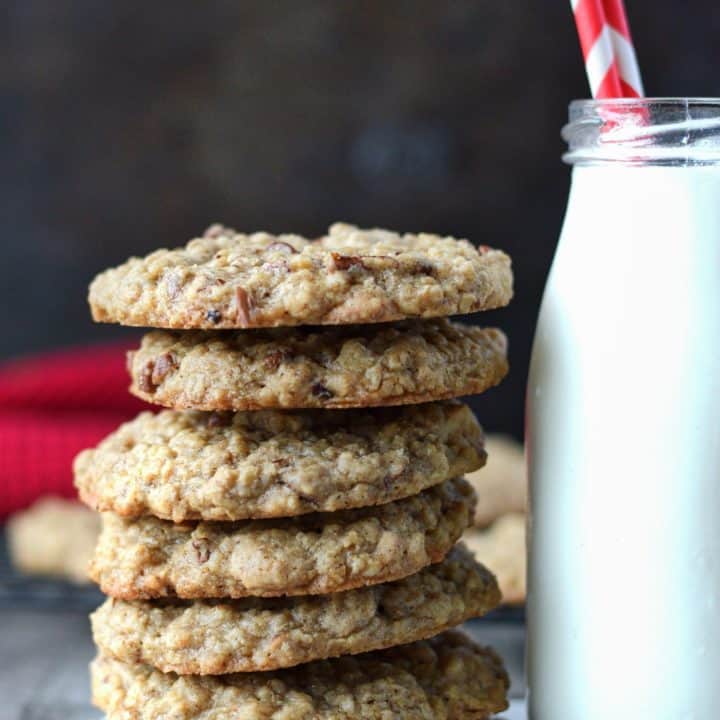 Caramel Pecan Oatmeal cookies stacked up