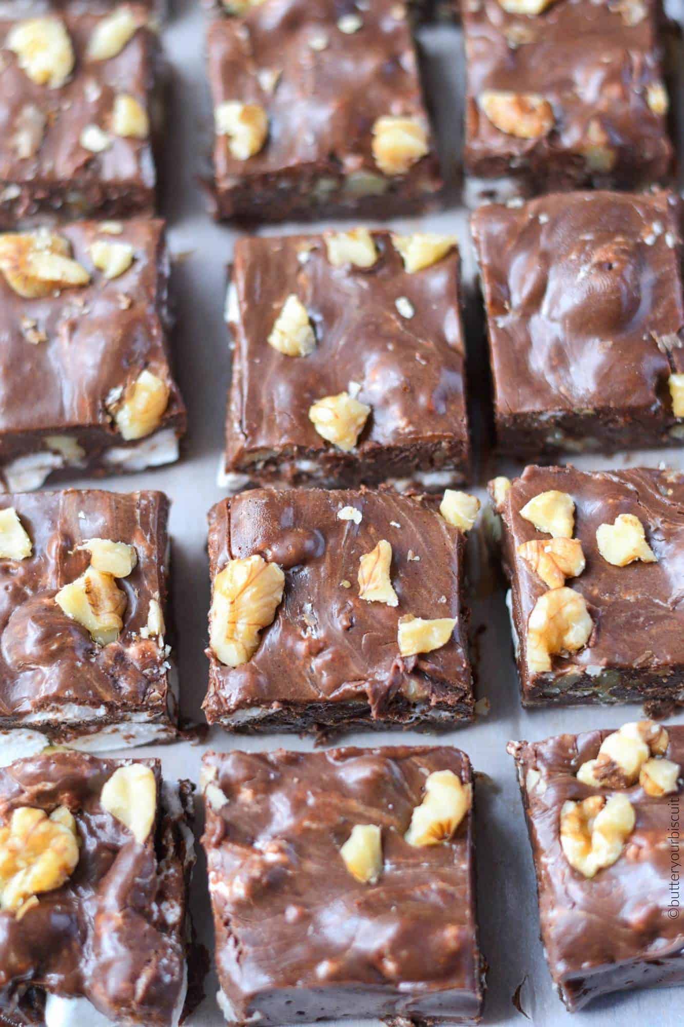 easy rocky road fudge cut into squares