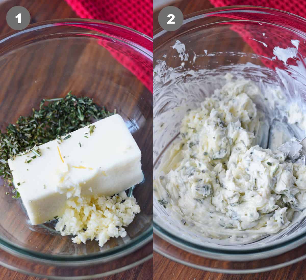 Garlic herb butter ingredients mixed together in a bowl.