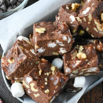 Rocky road fudge in a metal tin.