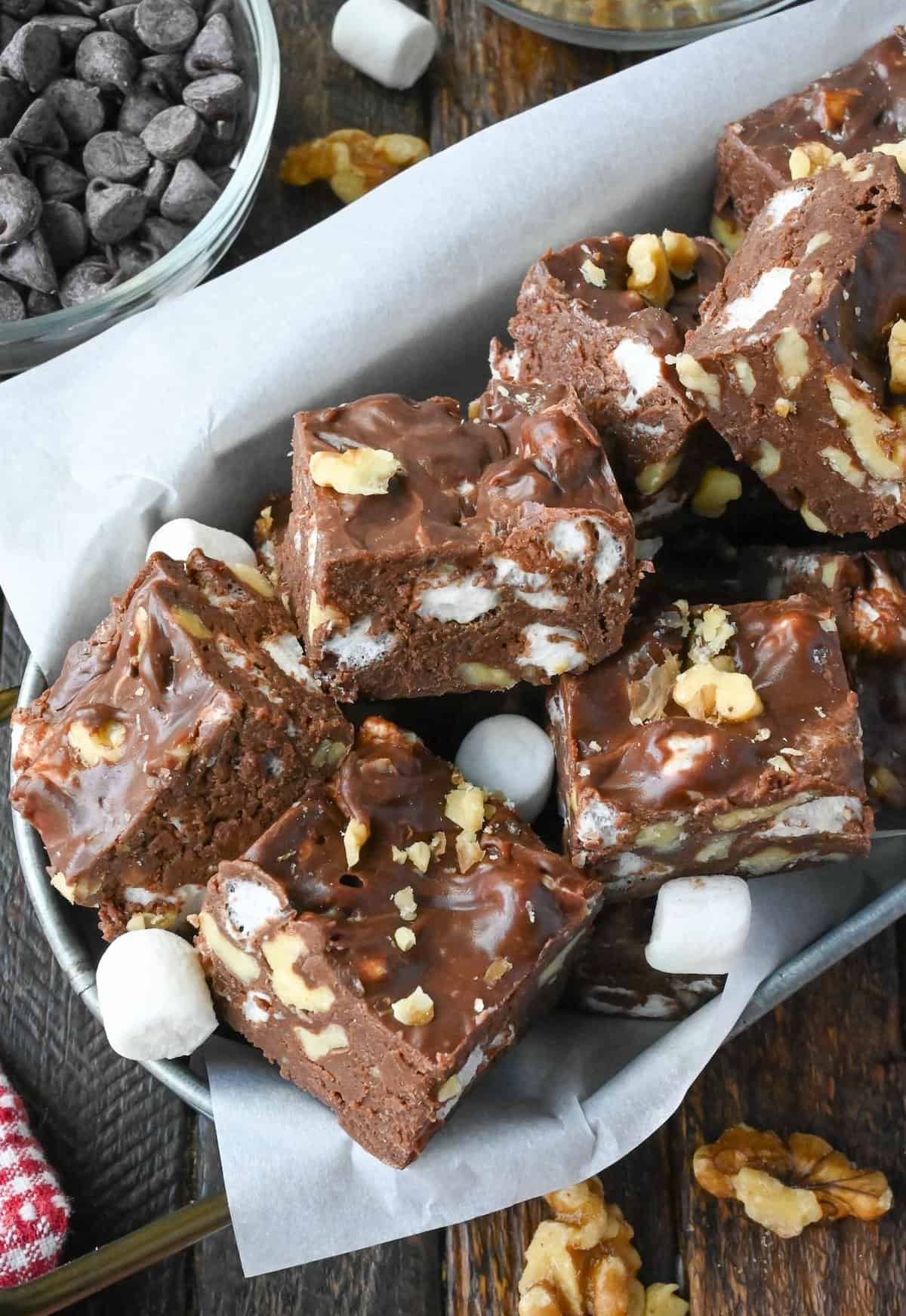 Rocky road fudge in a metal tin.