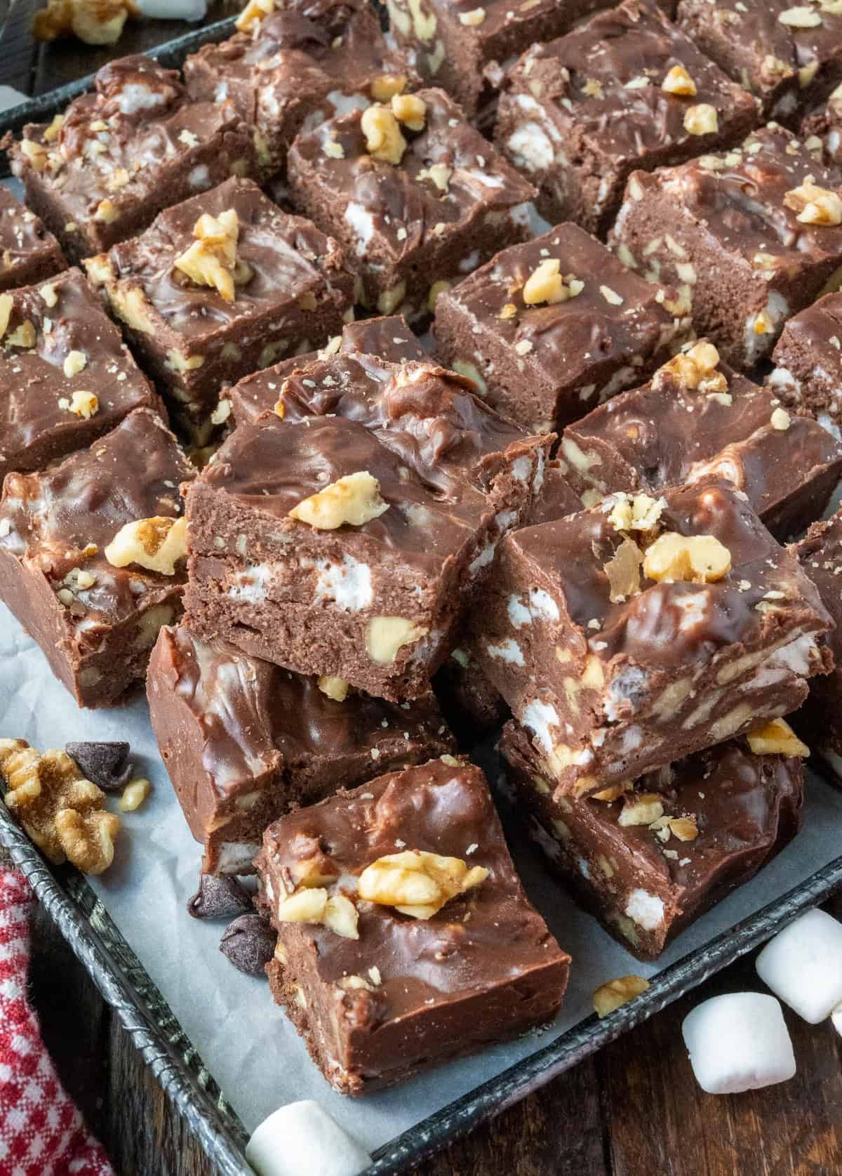 Rocky road fudge on a baking sheet.