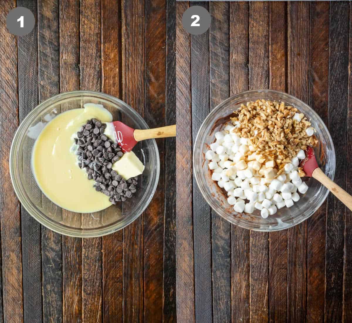 Condensed milk and chocolate chips melted in a bowl.