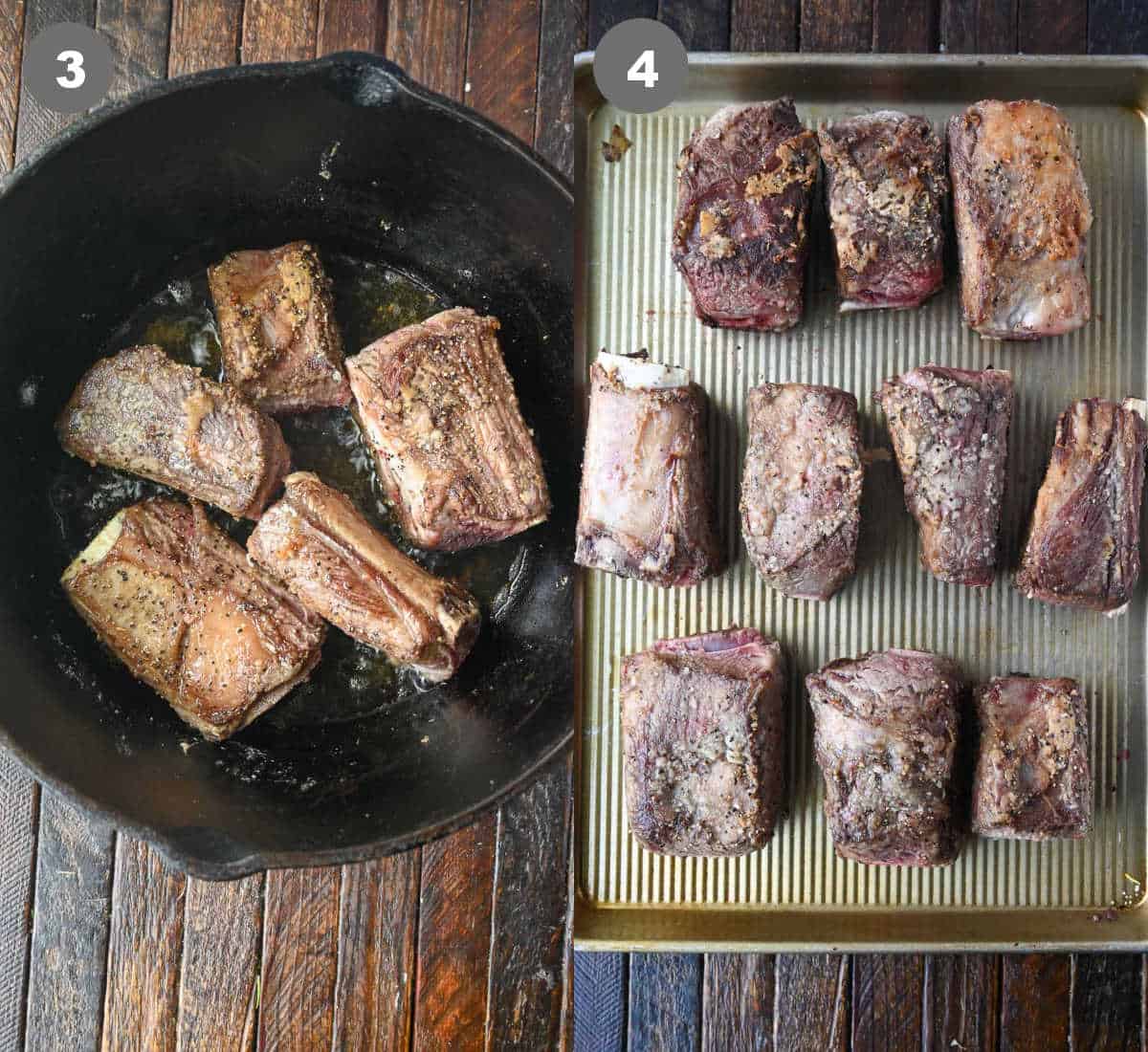 The short ribs are browned in the dutch oven then removed to a sheet pan.