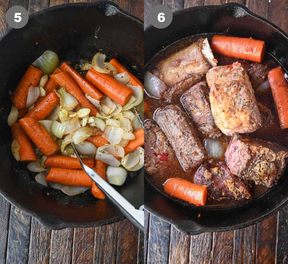 Carrots and onions placed into the dutch oven then the rest of the ingredients added in, covered and bake.