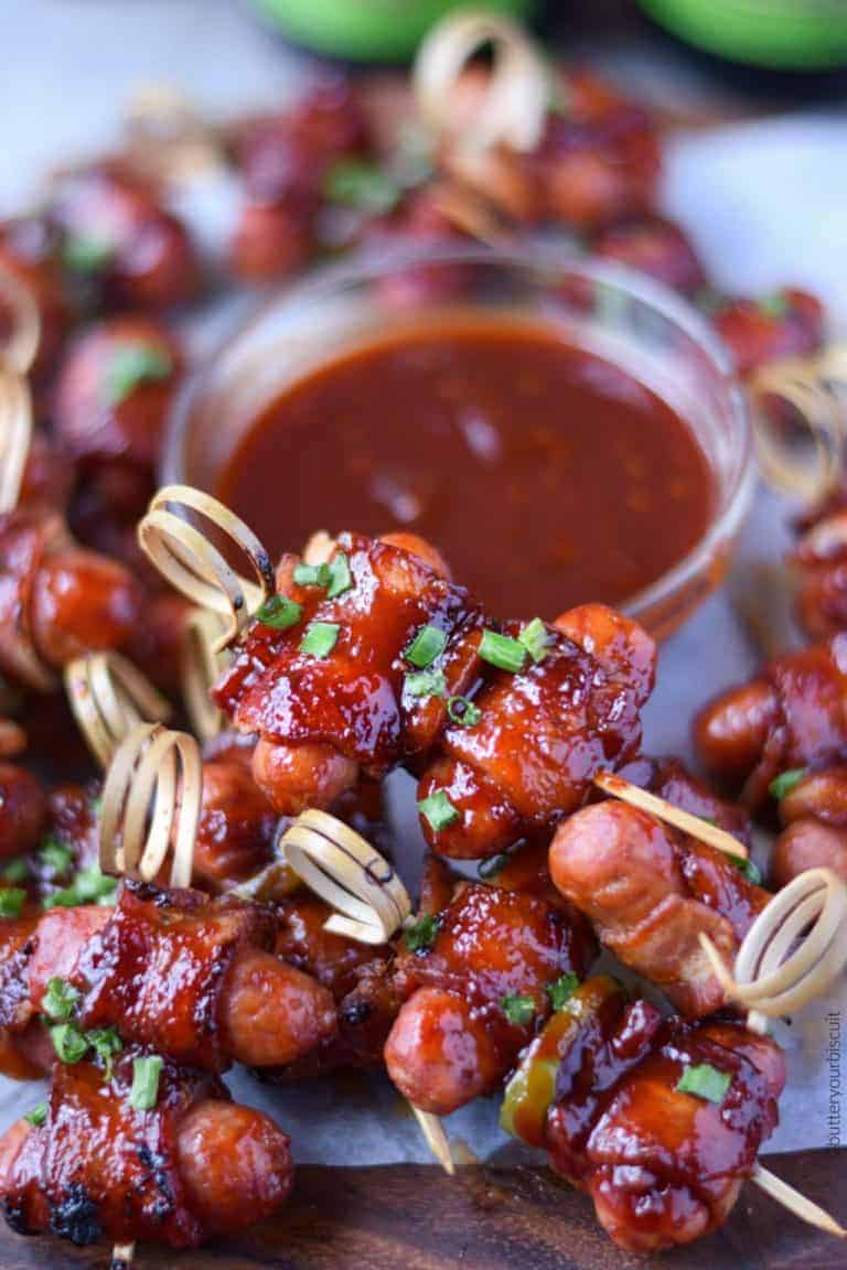 BBQ bacon jalapeño wrapped smokies on a serving platter