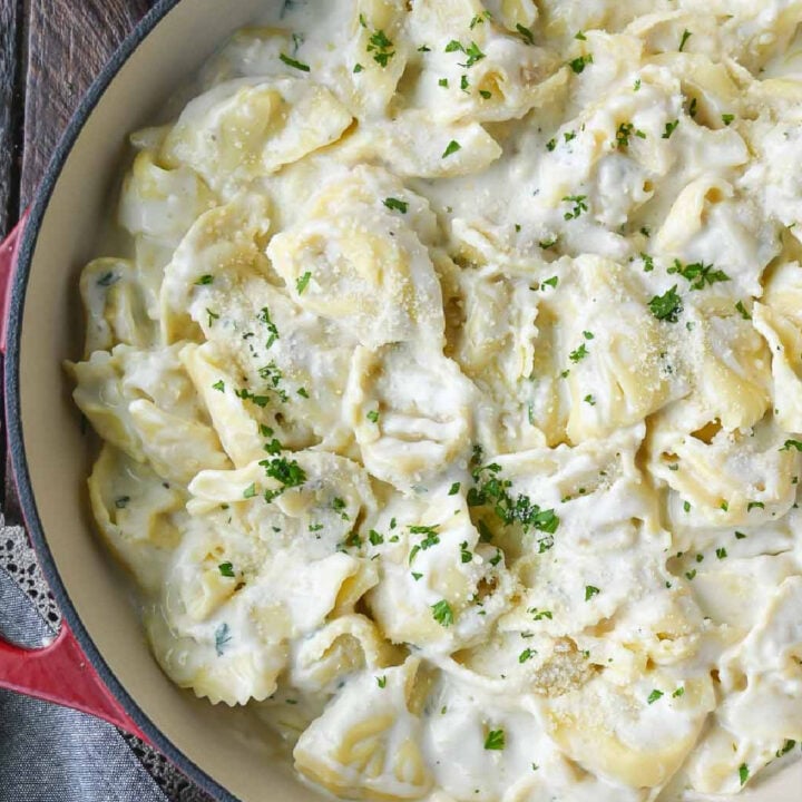 Garlic alfredo cheese tortellini in a skillet.
