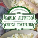 Garlic alfredo cheese tortellini in a skillet with a wooden spoon in it pinterest pin.