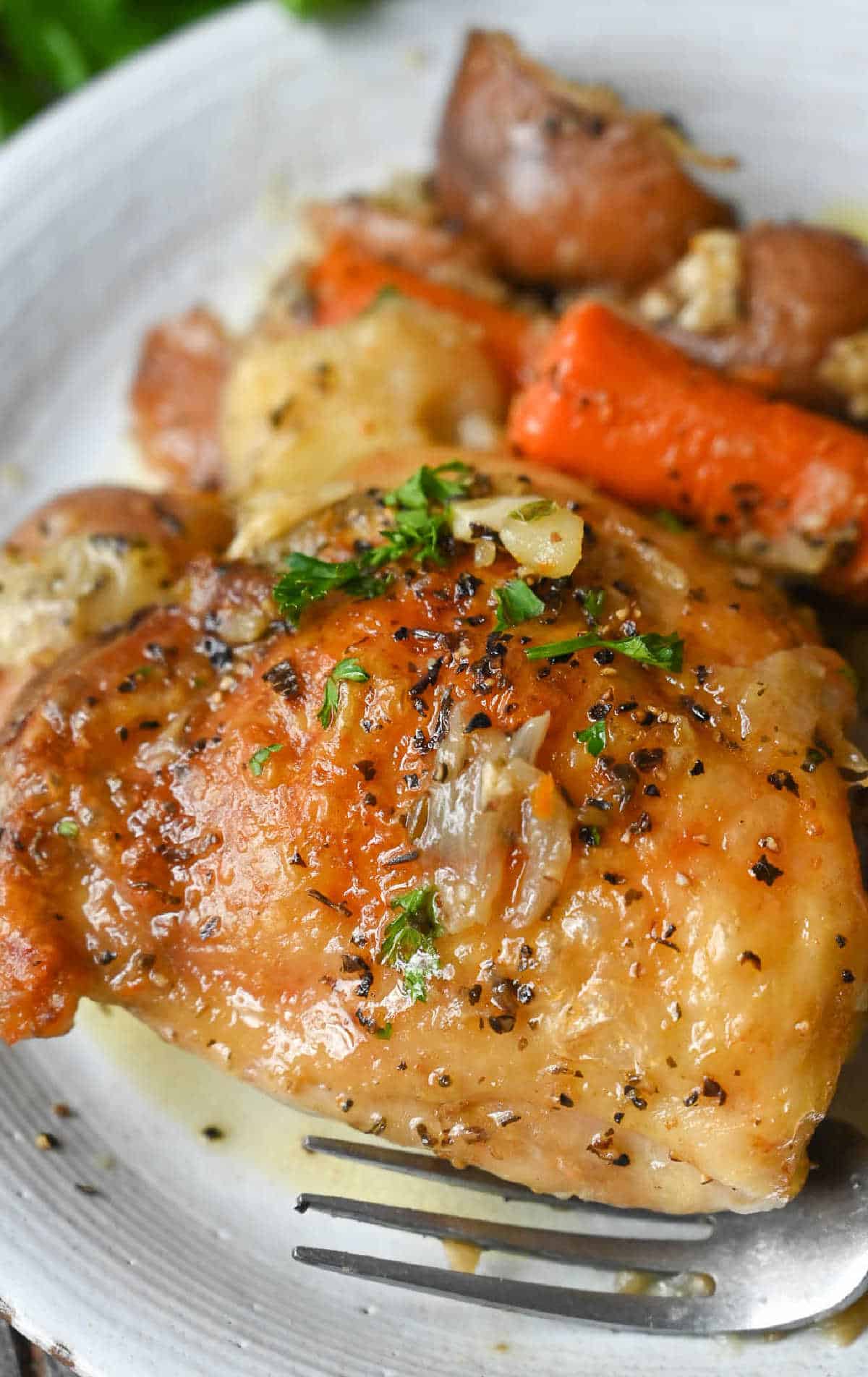 Chicken thigh on a plate with potatoes and carrots.