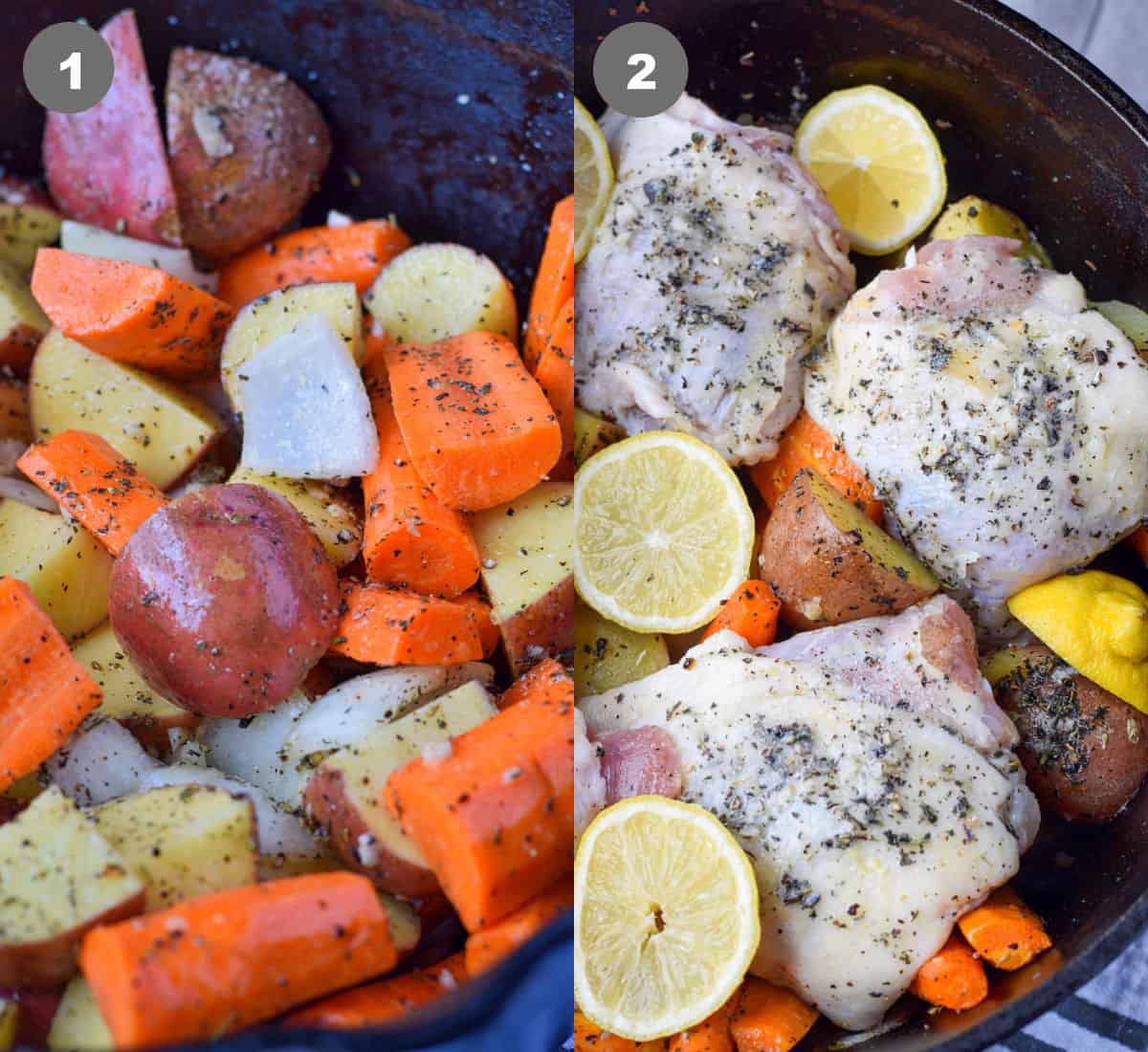 Potatoes and carrots placed in a pot then chicken thighs added on top.
