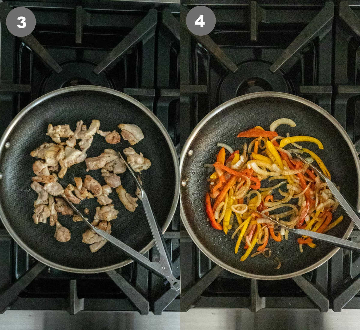Chicken thighs cooked in a pan along with sliced bell peppers.