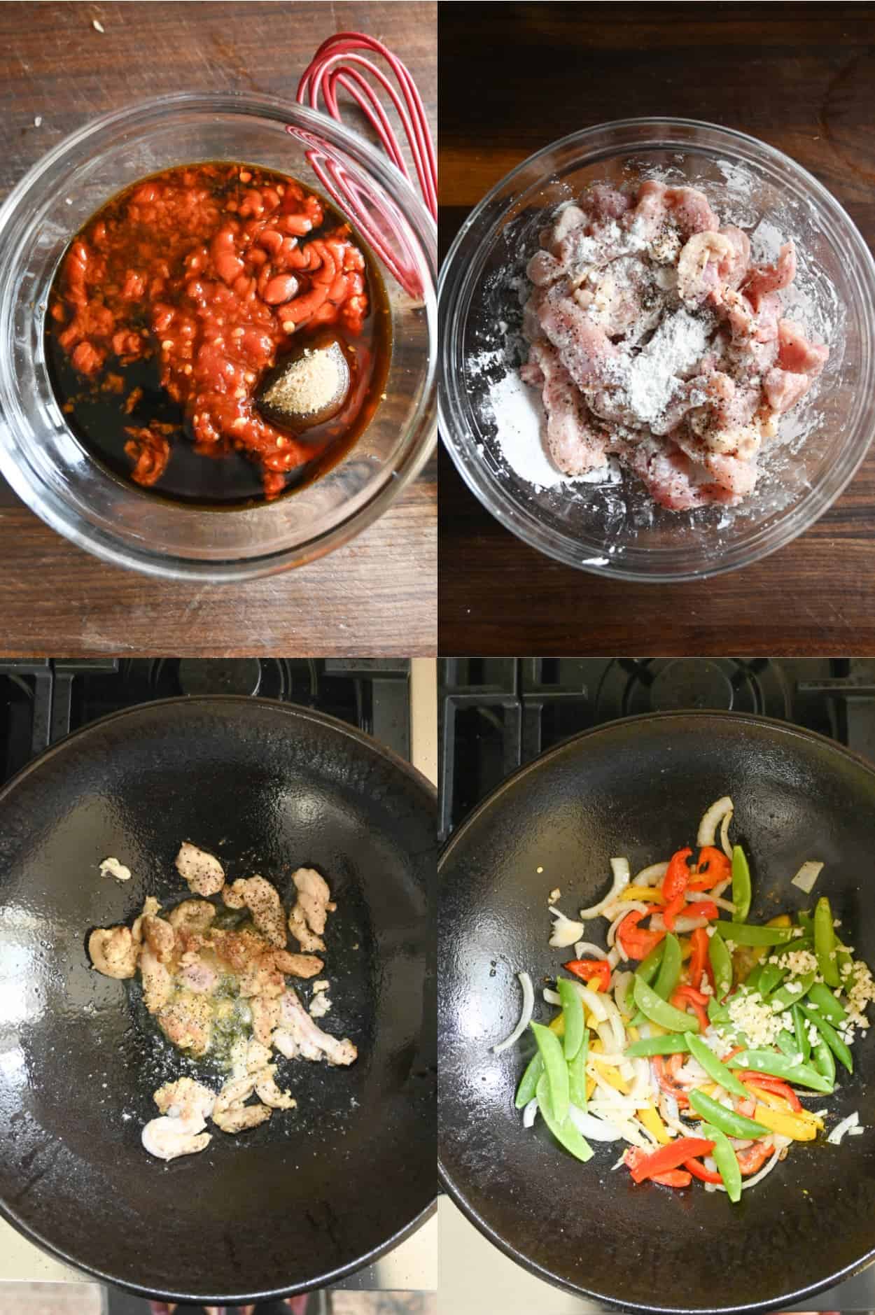 Four process photos. First one, all sauce ingredients added into a small clear bowl. Second one, raw chicken thigh pieces tossed in cornstarch in a small clear bowl. Third one, chicken cooked in a hot cast iron wok. Fourth one, veggies cooked in a cast iron wok. 