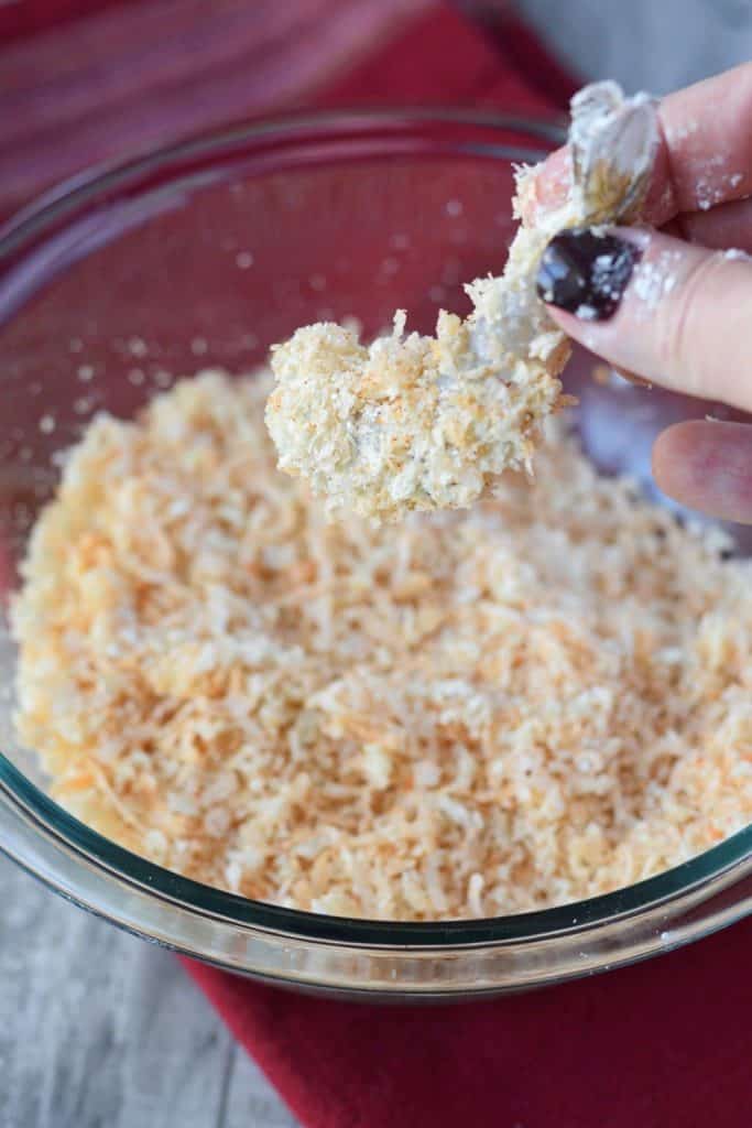 A bowl of panko crumbs, with Shrimp and Coconut