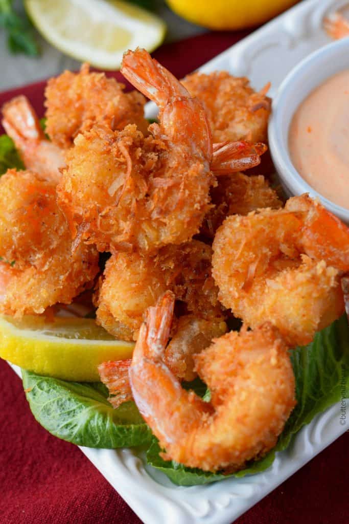 A close up of a plate of food, with Shrimp and Coconut