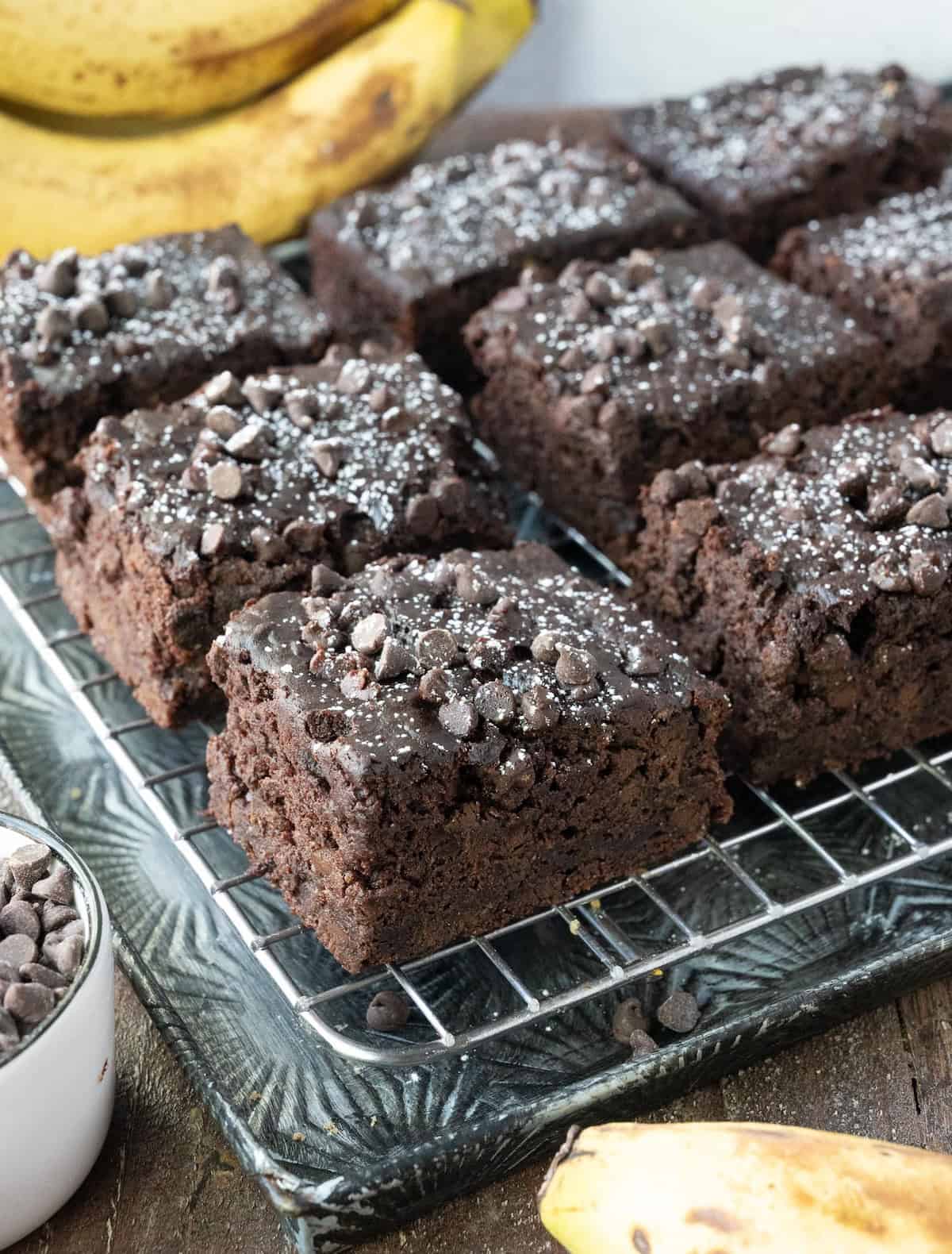 pieces of chocolate banana cake on a baking sheet.
