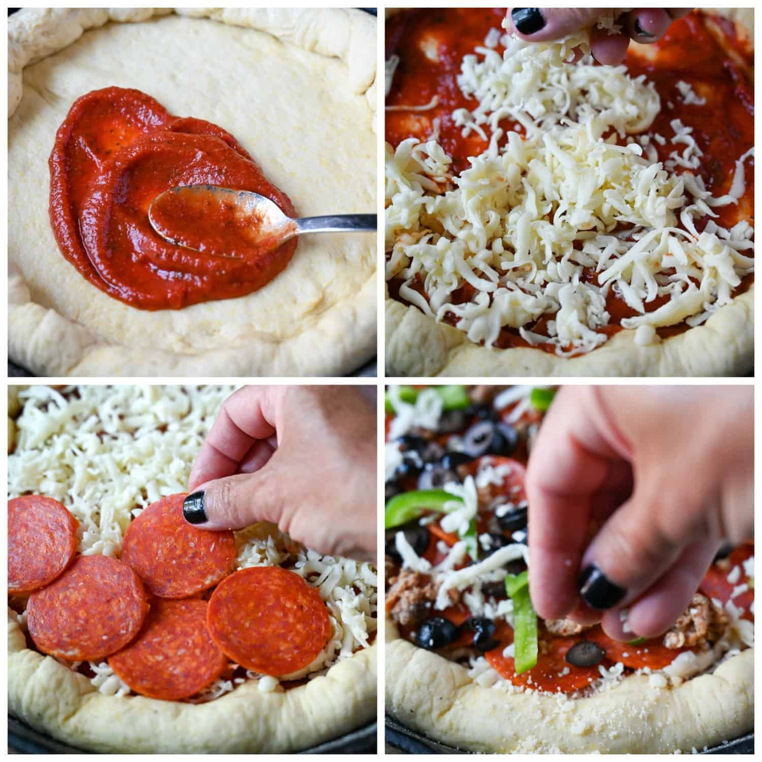 Four steps to putting a skillet pizza together. First, spreading pizza sauce on the crust. Second, sprinkling shredded cheese on top of sauce. Third, adding pepperoni topping. Fourth, sprinkling grated parmesan cheese on the edge of the crust.