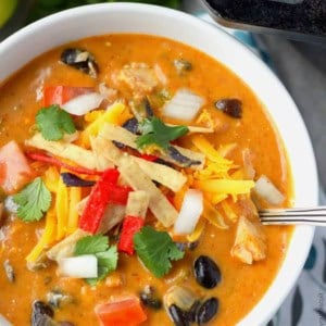 Chilis copycat chicken enchilada soup in a white bowl